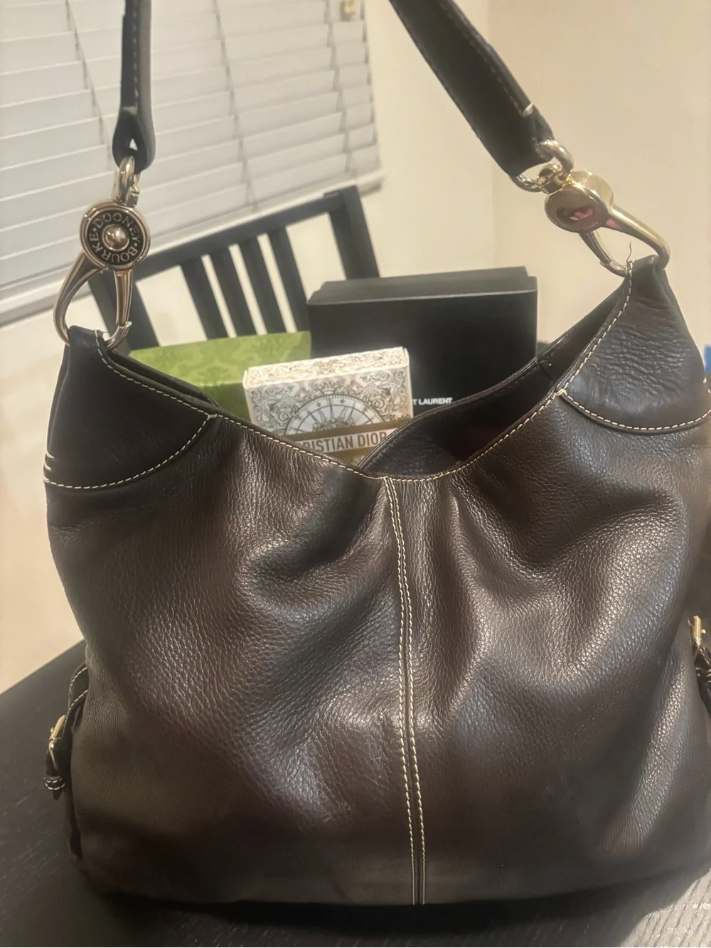 Dooney & Bourke Dark Brown Pebbled Leather Hobo with Gold Hardware